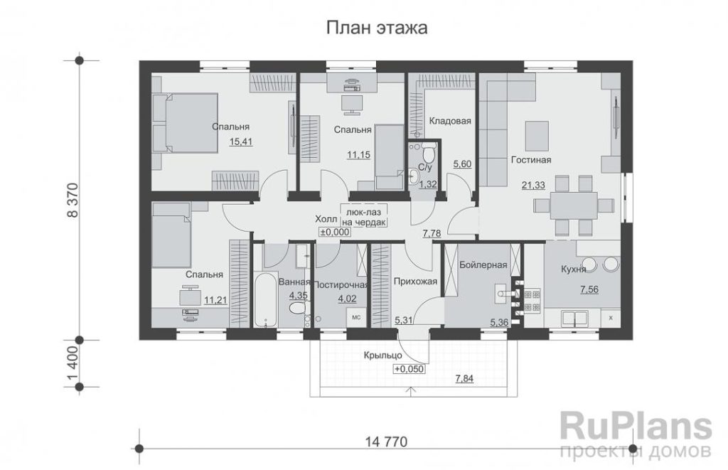Планировка Одноэтажный дом с тремя спальнями и отделкой штукатуркой. Rg6488