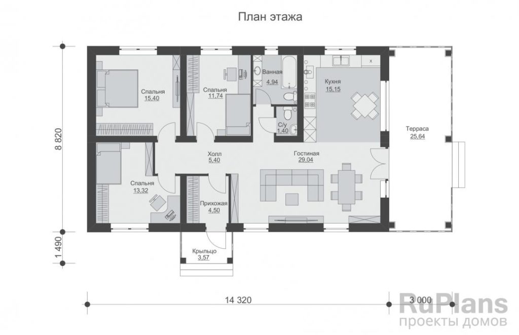Планировка Одноэтажный дом с тремя спальнями, кухней-гостиной и террасой Rg6557