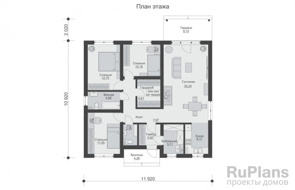 Планировка Одноэтажный дом с тремя спальнями и террасой Rg6601