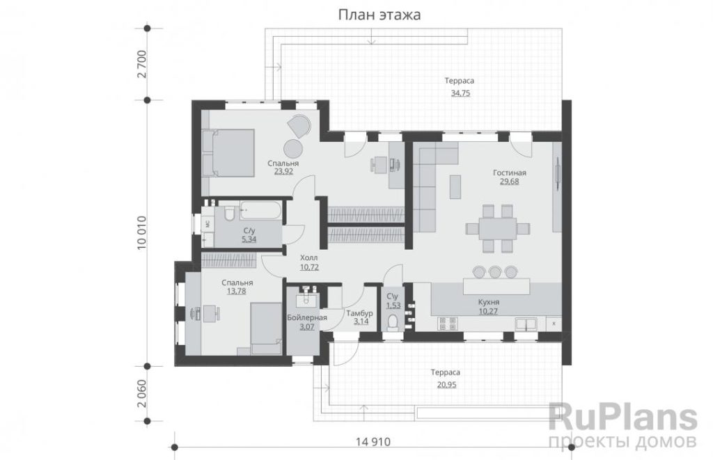 Планировка Проект одноэтажного дома с террасами и плоской крышей Rg5741