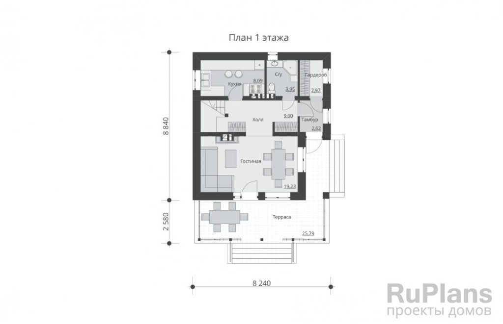 Планировка Проект одноэтажного дома с мансардой и террасой Rg5482