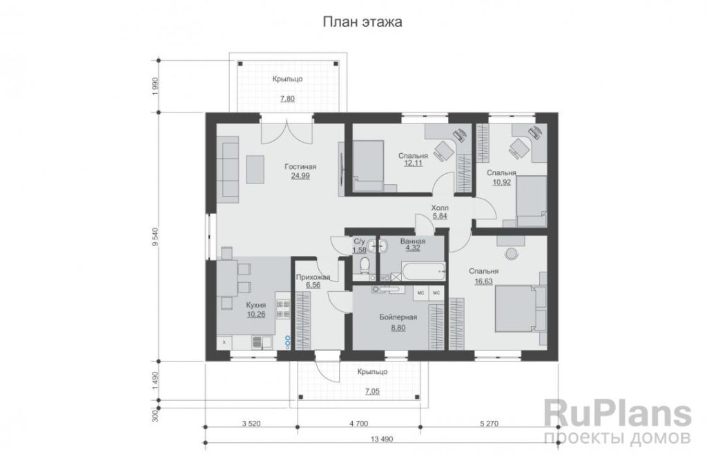 Планировка Одноэтажный дом с двумя крыльцами и 3 спальнями Rg6248