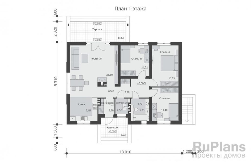 Планировка Одноэтажный дом с подвалом, террасой и тремя спальнями Rg6102