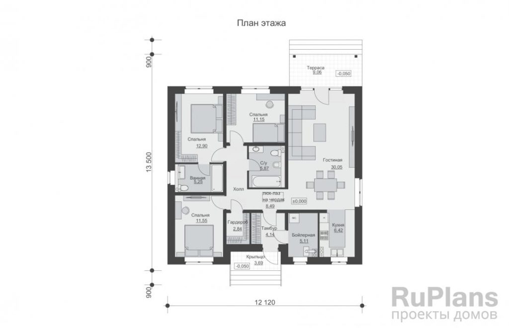 Планировка Одноэтажный дом с просторной гостиной и тремя спальнями Rg6471