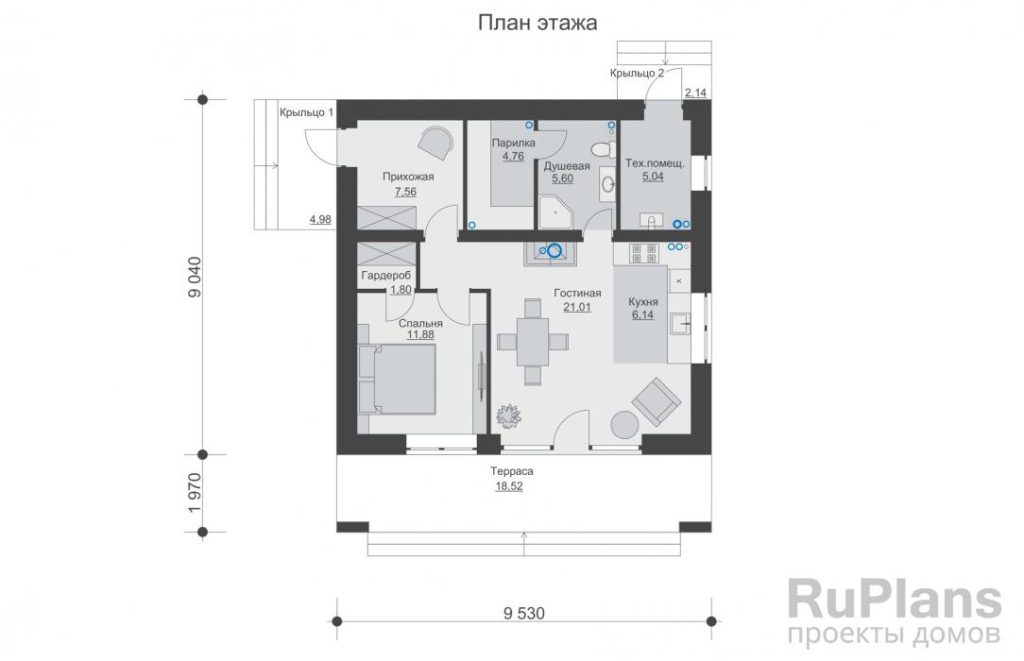 Планировка Одноэтажный дом с террасой и парилкой Rg6238