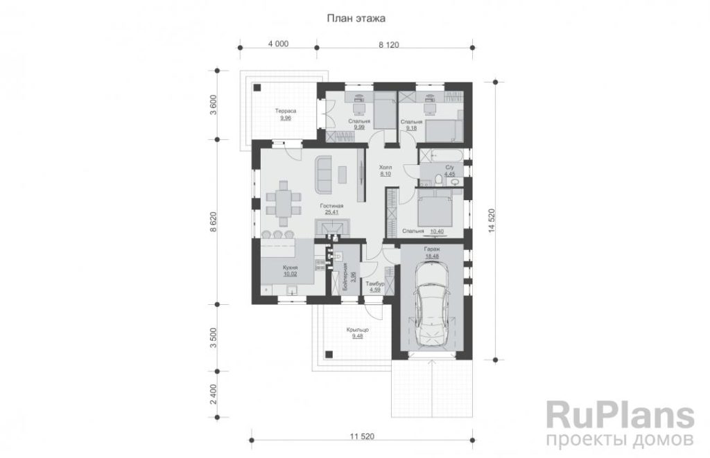Планировка Одноэтажный дом с гаражом, террасой и тремя спальнями Rg5078