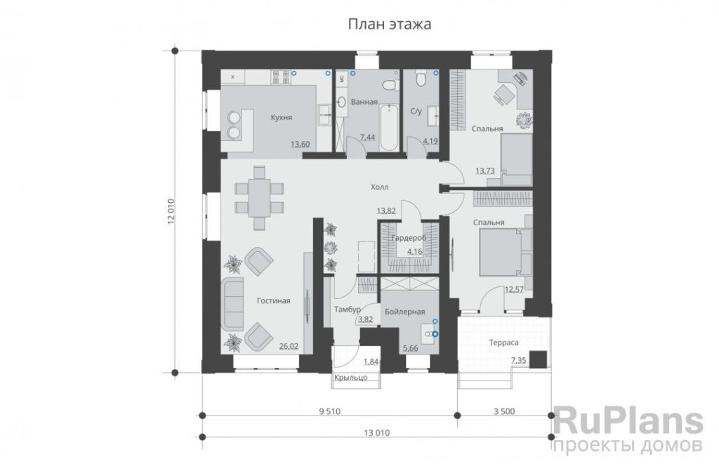 Планировка Одноэтажный дом с большой кухней-гостиной и двумя спальнями Rg6402