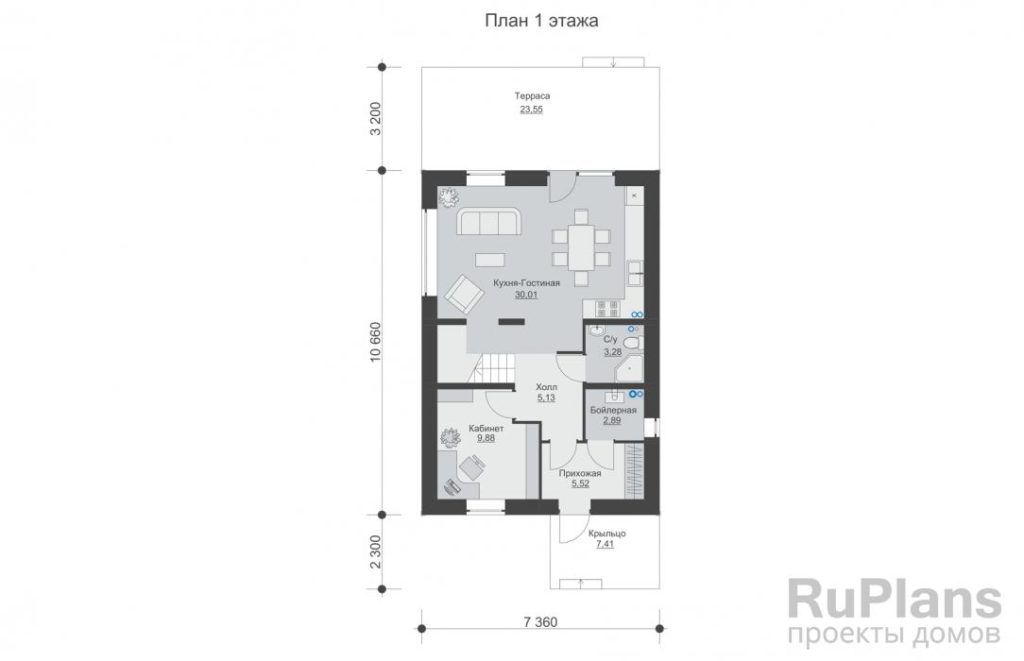 Планировка Одноэтажный жилой дом с мансардой и террасой Rg5693