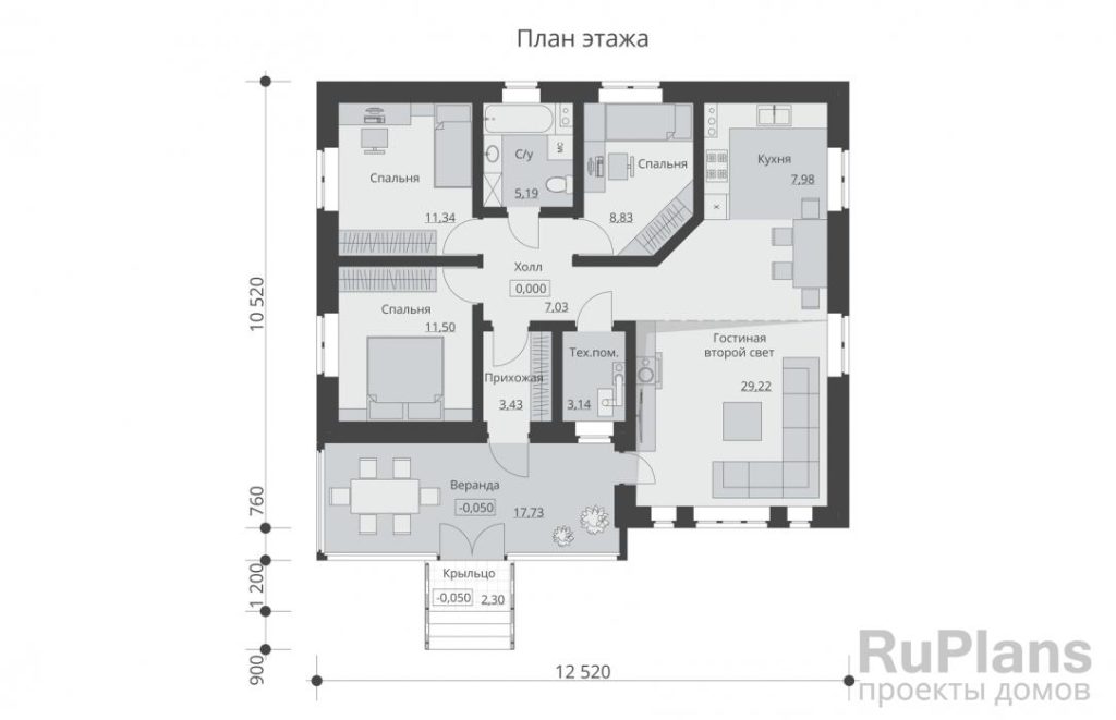 Планировка Одноэтажный дом с тремя спальнями и верандой Rg5977