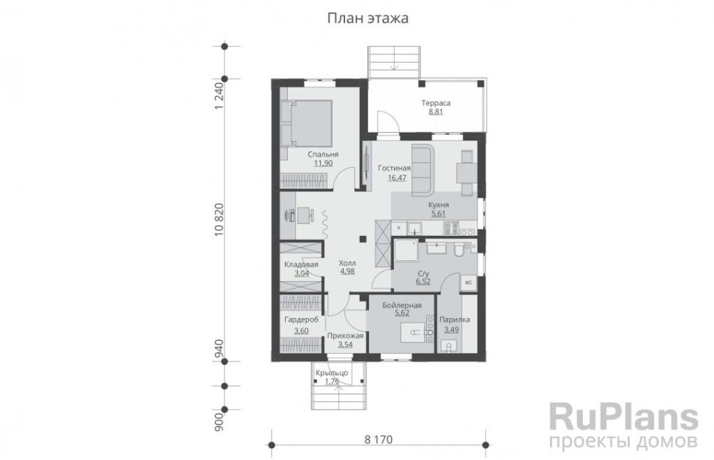 Планировка Одноэтажный жилой дом с террасой и парилкой Rg5874