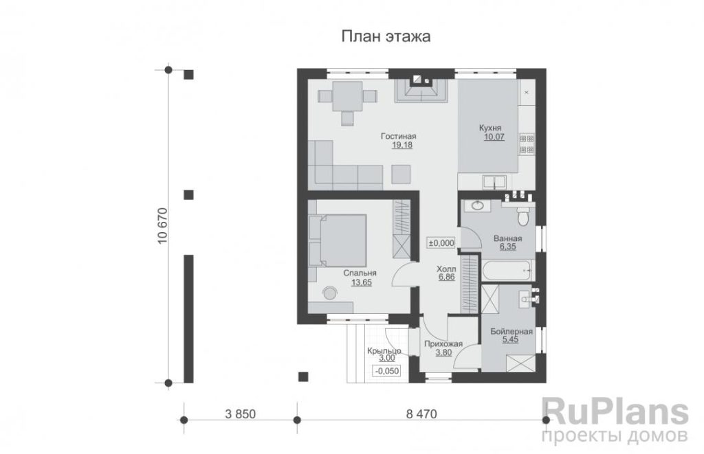 Планировка Одноэтажный дом с навесом и камином Rg6367