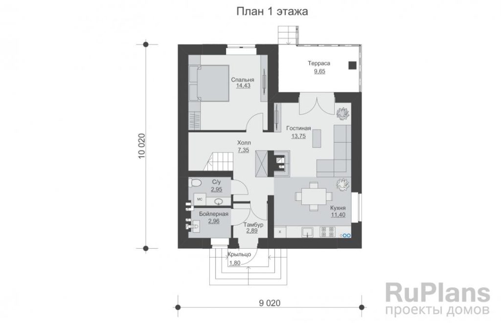Планировка Одноэтажный дом с мансардой, террасой, балконом и камином Rg6005