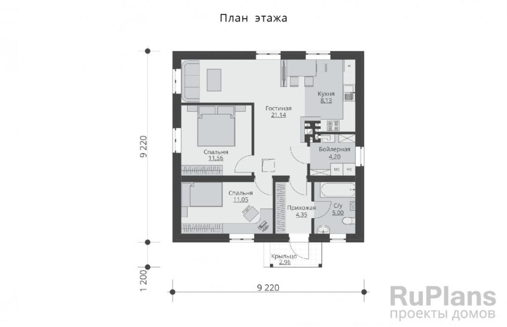 Планировка Одноэтажный дом  с двумя спальнями и кухней-гостиной Rg5935
