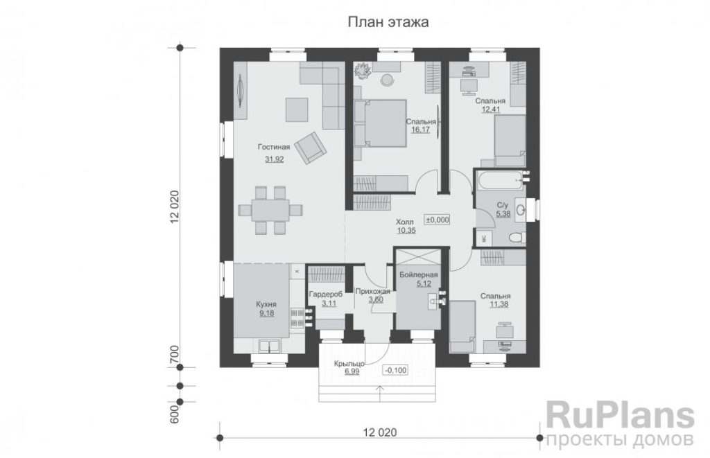 Планировка Одноэтажный дом с тремя спальнями и просторной гостиной Rg6340