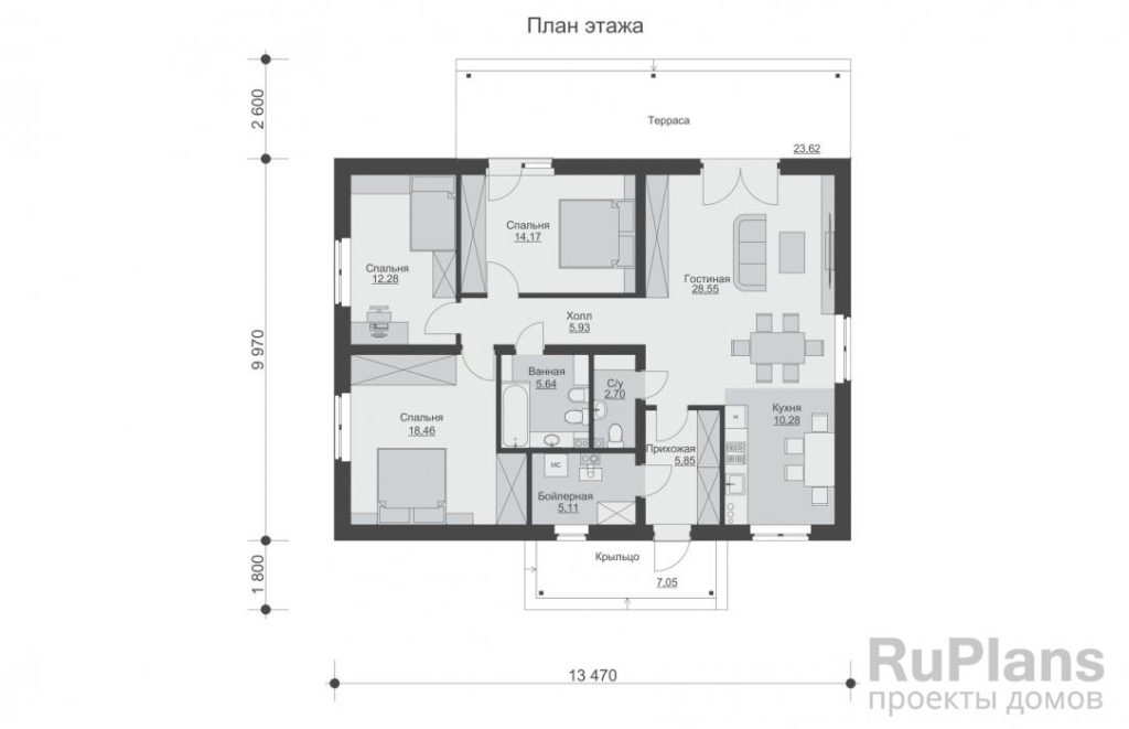 Планировка Одноэтажный дом с тремя спальнями, кухней-гостиной и террасой Rg6585