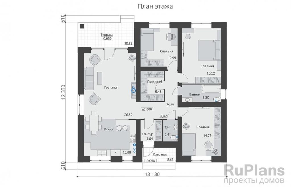 Планировка Одноэтажный дом с большой гостиной и террасой. Rg6442