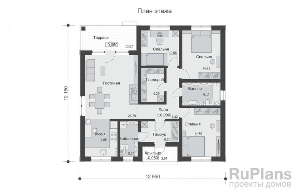 Планировка Одноэтажный дом с террасой, тремя спальнями и просторной гостиной Rg6528