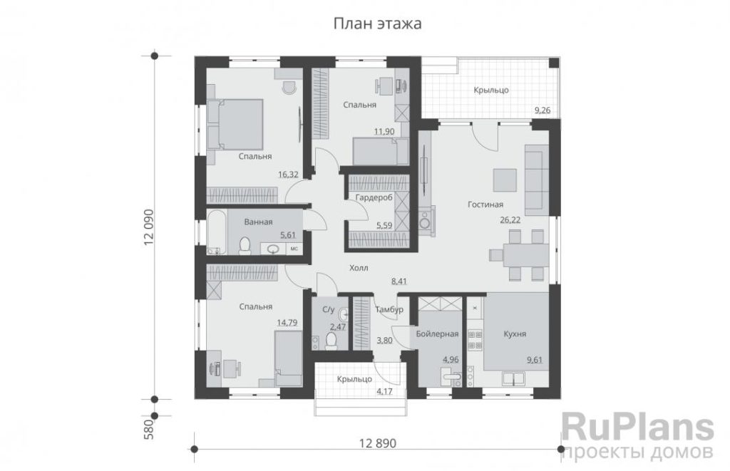 Планировка Одноэтажный дом с тремя спальнями, гардеробом и камином Rg6002
