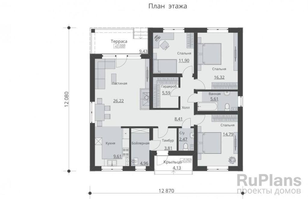 Планировка Одноэтажный дом с тремя спальнями, камином и террасой Rg6018
