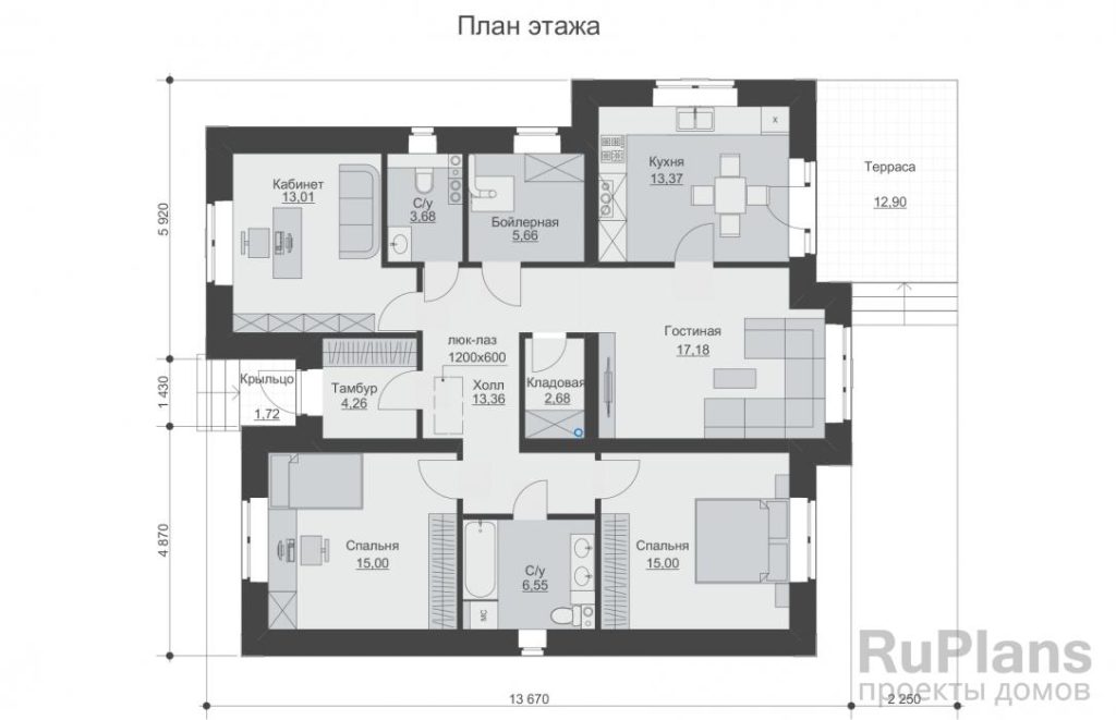 Планировка Одноэтажный дом с террасой, 2 спальнями и кабинетом Rg6233