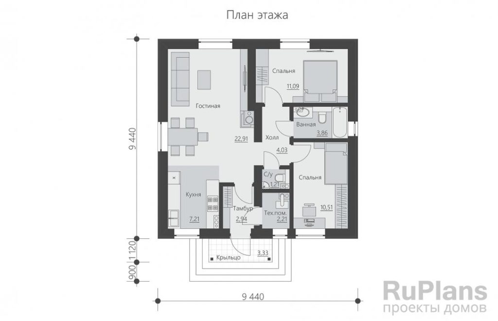 Планировка Одноэтажный яркий дом с двумя спальнями и камином Rg6242