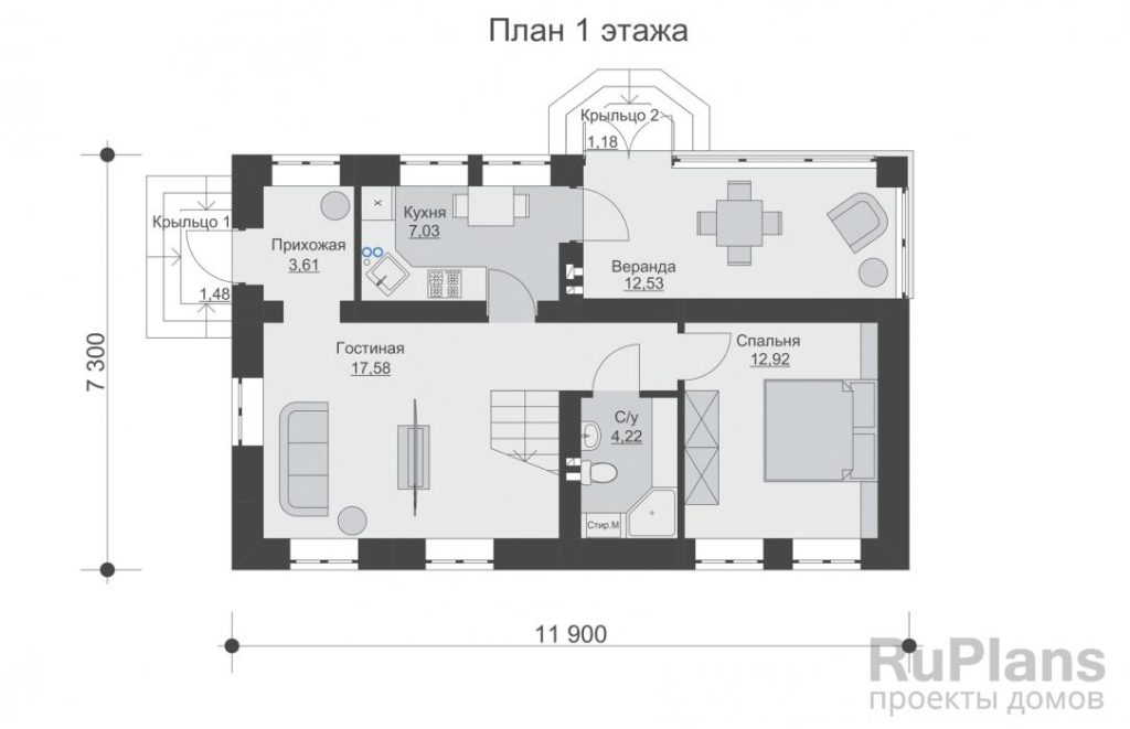Планировка Двухэтажный дом c верандой и четыремя спальнями Rg6531