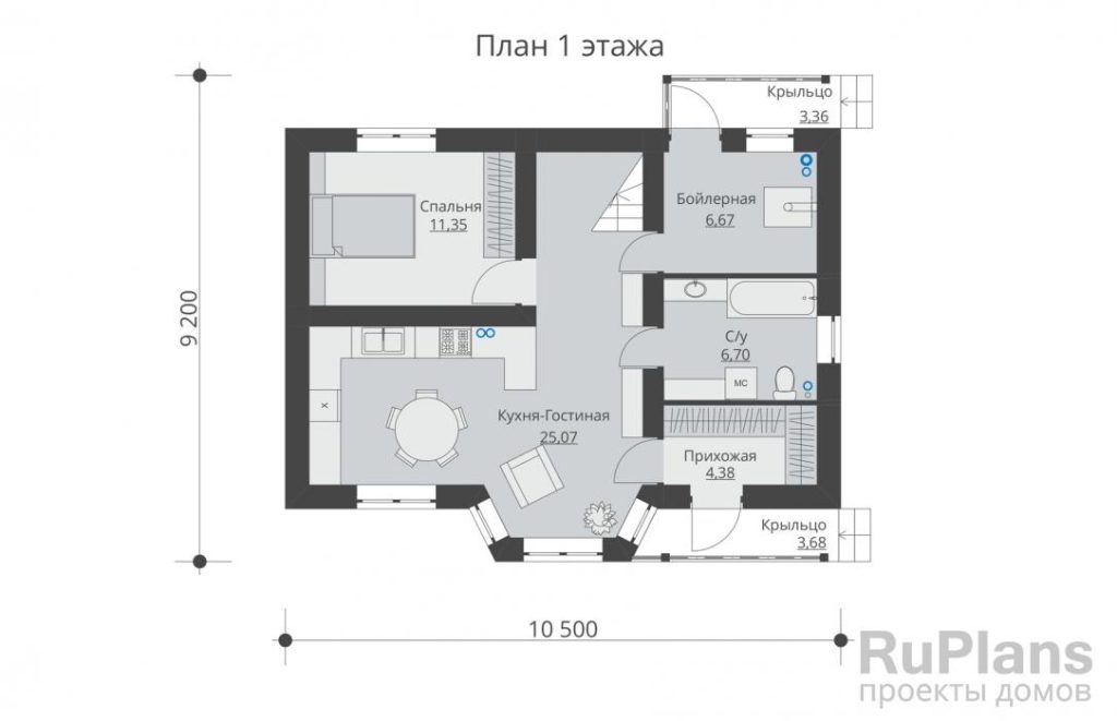 Планировка Проект одноэтажного жилого дома с мансардой, балконами и эркером Rg5544