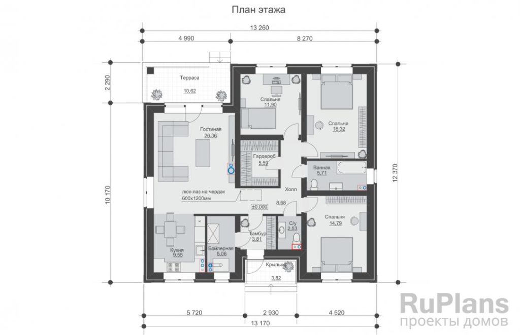 Планировка Одноэтажный дом с террасой, 3 спальнями, крыльцом и террасой Rg6199