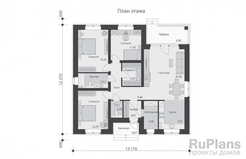 Планировка Одноэтажный дом с террасой, тремя спальнями и камином в гостиной Rg6216