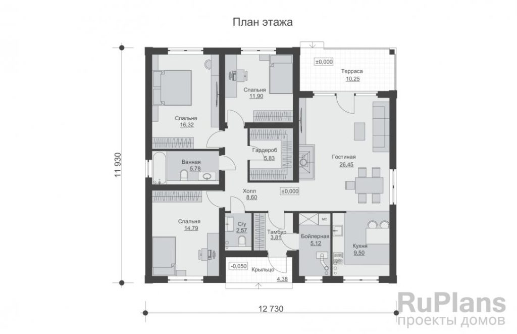 Планировка Одноэтажный дом террасой и тремя спальнями Rg6525