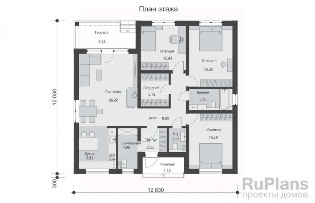 Планировка Одноэтажный дом с террасой, тремя спальнями и камином Rg5957
