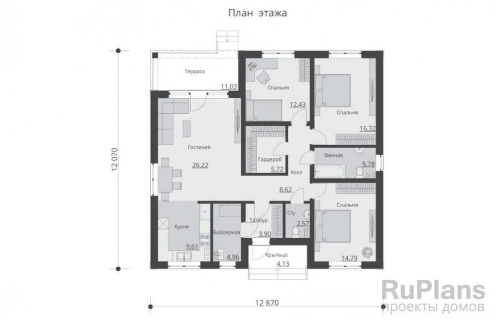 Планировка Одноэтажный дом c  тремя спальнями, чердаком и террасой. Rg6036