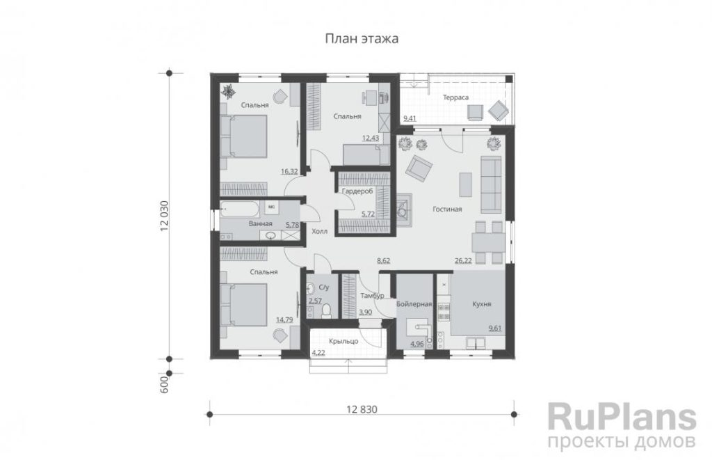 Планировка Одноэтажный дом с тремя спальнями, камином и террасой Rg6130