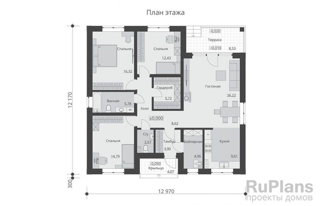 Планировка Одноэтажный дом с тремя спальнями, камином и террасой Rg6154