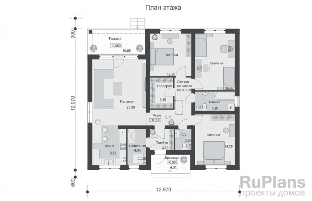 Планировка Одноэтажный дом с террасой, тремя спальнями и отделкой штукатуркой. Rg6562