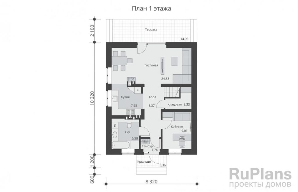 Планировка Одноэтажный дом с мансардой, кабинетом и тремя спальнями Rg6260
