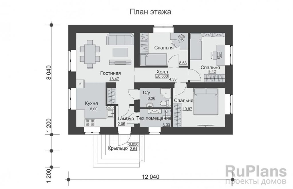 Планировка Одноэтажный дом с тремя спальнями и облицовкой кирпичом Rg6457