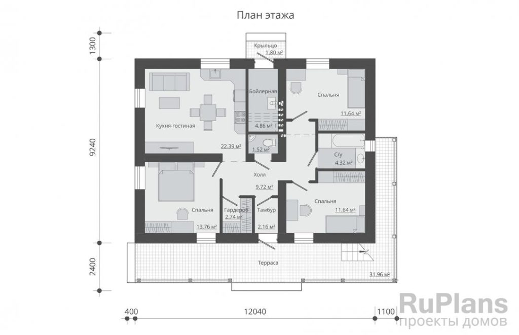Планировка Одноэтажный дом с эксплуатируемой кровлей и террасой Rg5255