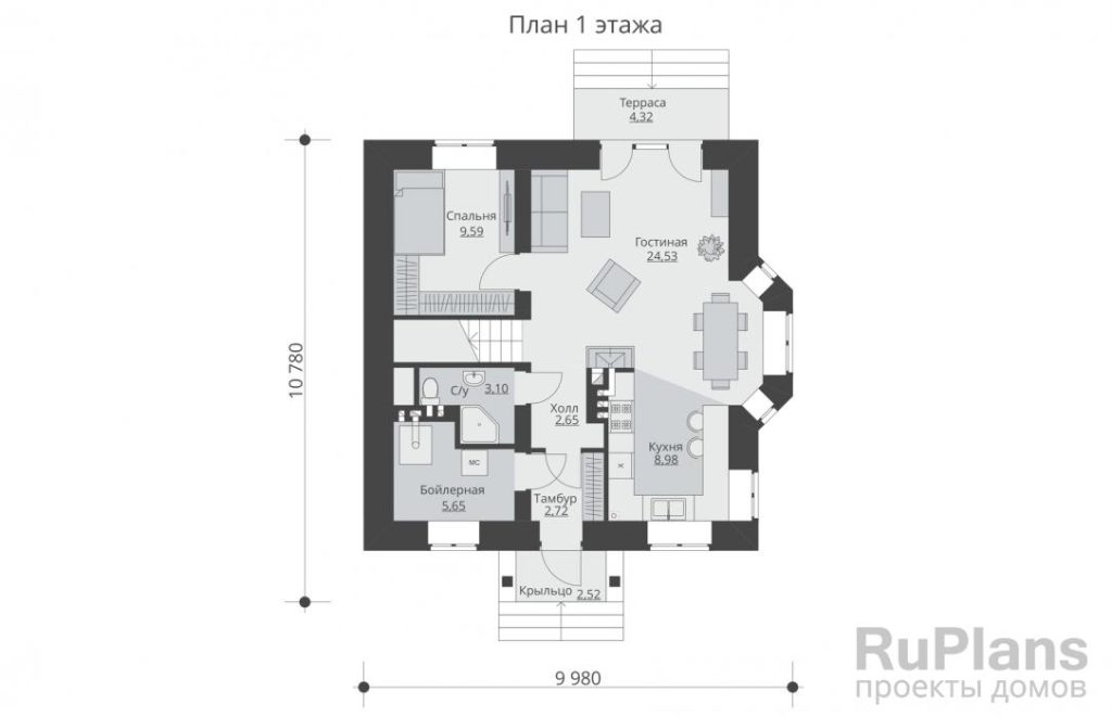 Планировка Одноэтажный дом с мансардой, террасой, эркером и балконами Rg5633