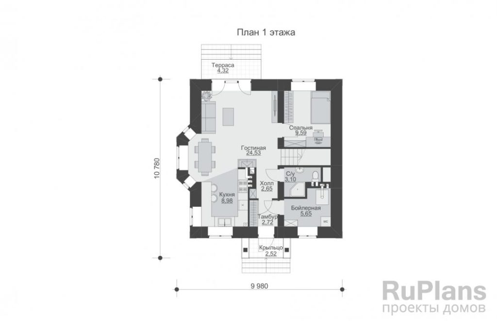 Планировка Одноэтажный дом с мансардой, эркером, террасой и балконами Rg5958