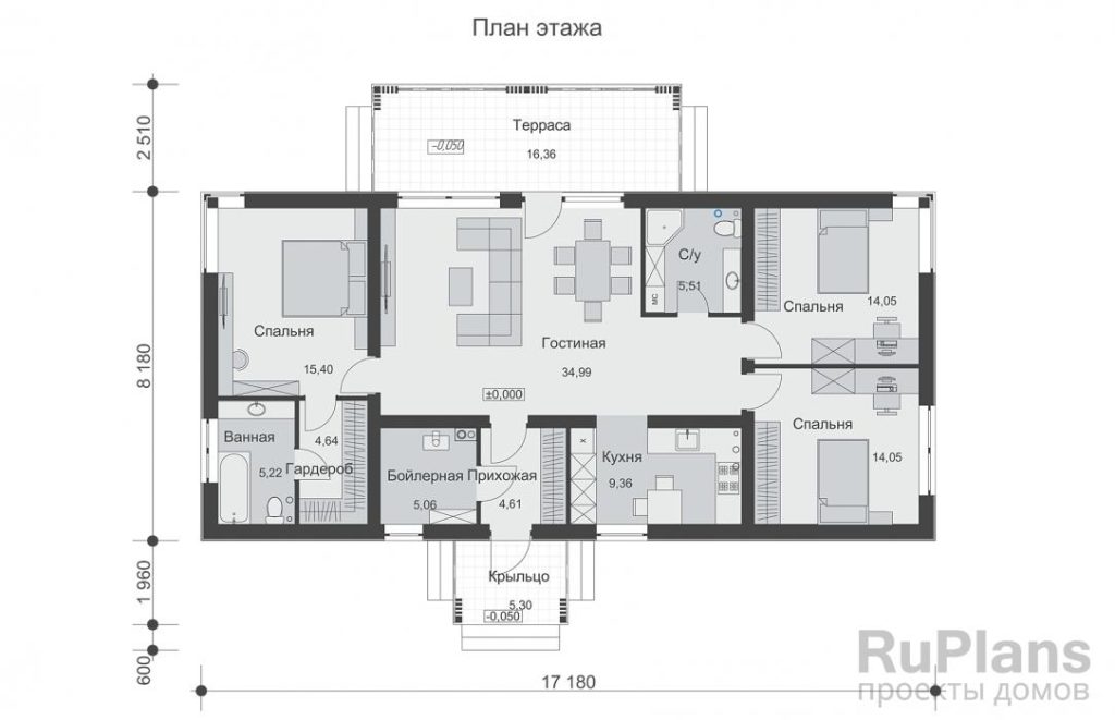 Планировка Одноэтажный дом с тремя спальнями и  террасой Rg6435