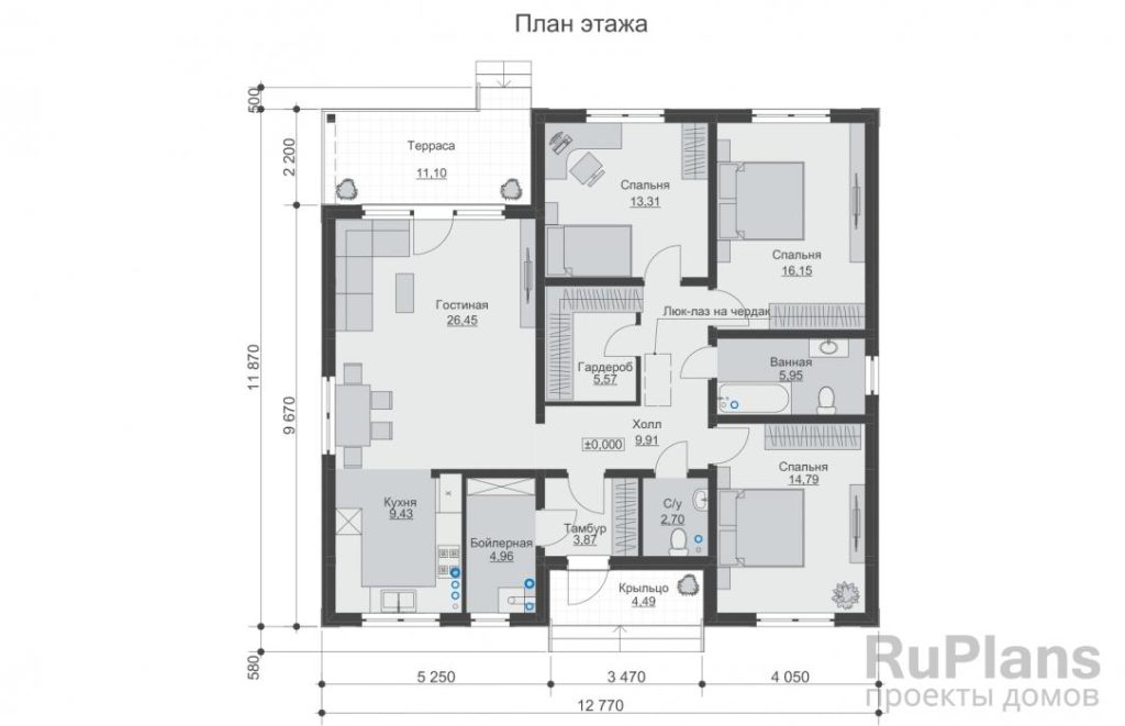 Планировка Одноэтажный дом с террасой, 3 спальнями и отделкой штукатуркой. Rg6219