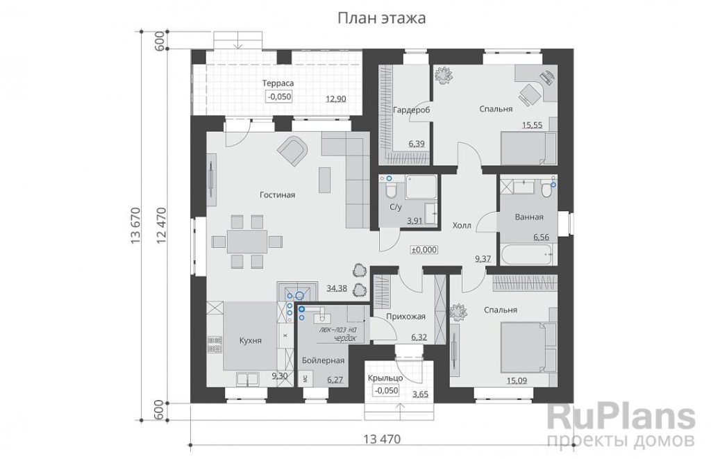 Планировка Одноэтажный дом с большой гостиной и двумя спальнями Rg6448