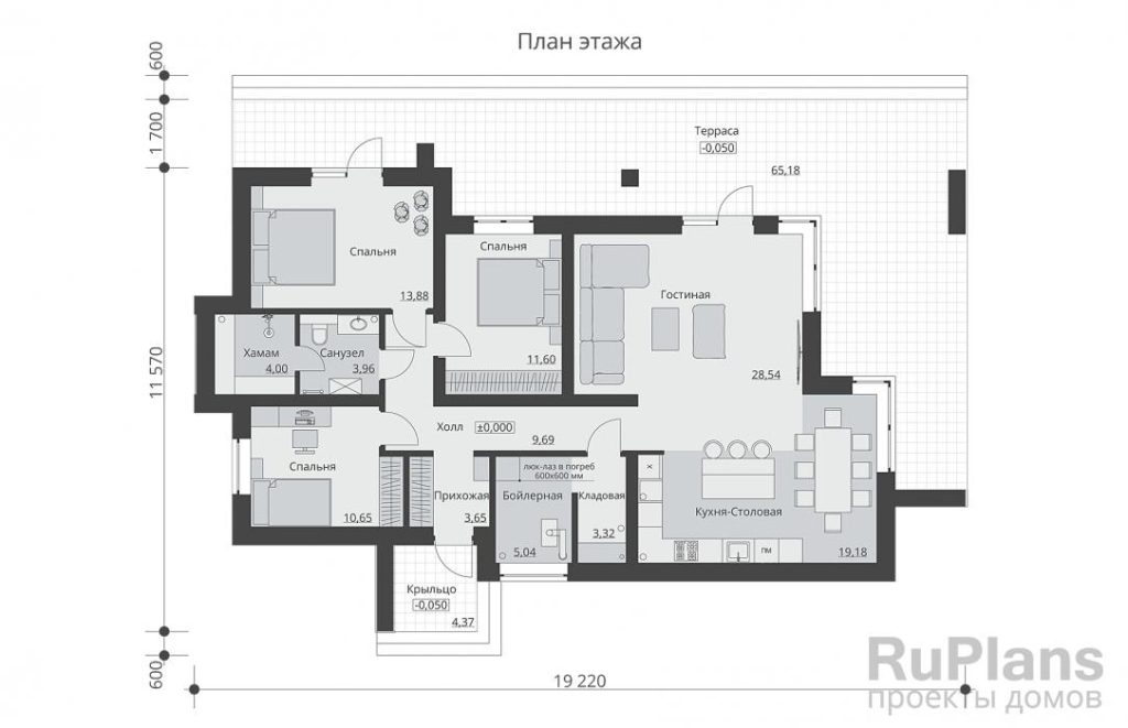 Планировка Одноэтажный дом с террасой, тремя спальнями и хамамом Rg6288