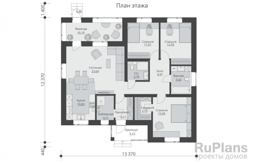 Планировка Проект одноэтажного дома с террасой Rg5785