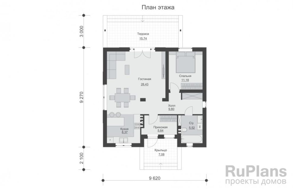 Планировка Одноэтажный гостевой дом с террасой и одной спальней Rg4027