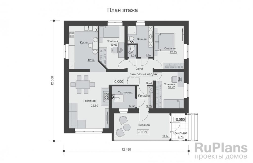 Планировка Одноэтажный дом с тремя спальнями и верандой Rg6301
