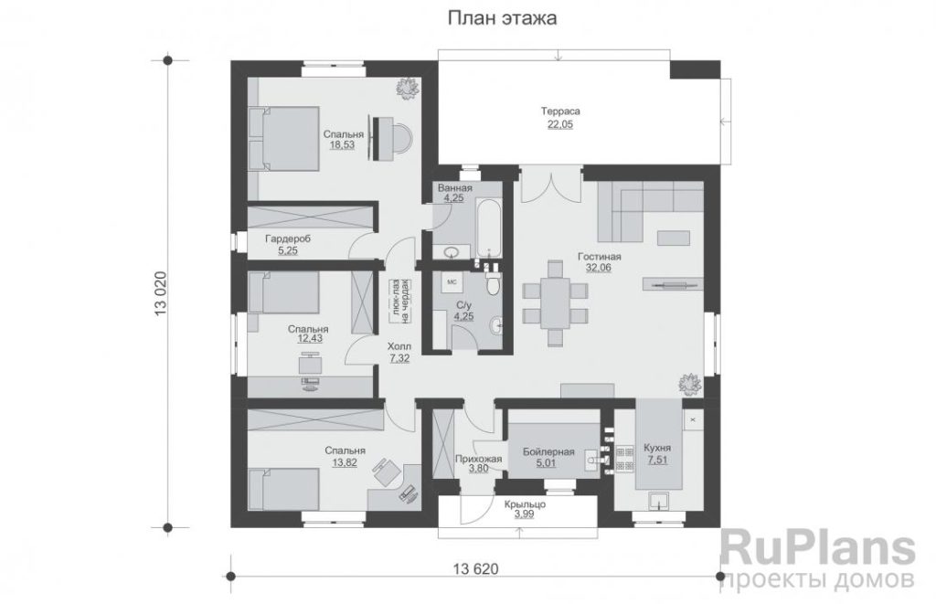 Планировка Одноэтажный дом с террасой, тремя спальнями и двумя санузлами Rg6284