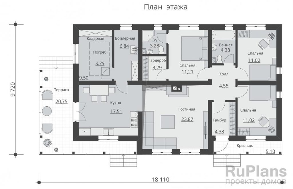 Планировка Одноэтажный дом с тремя спальнями, террасой и погребом Rg6017