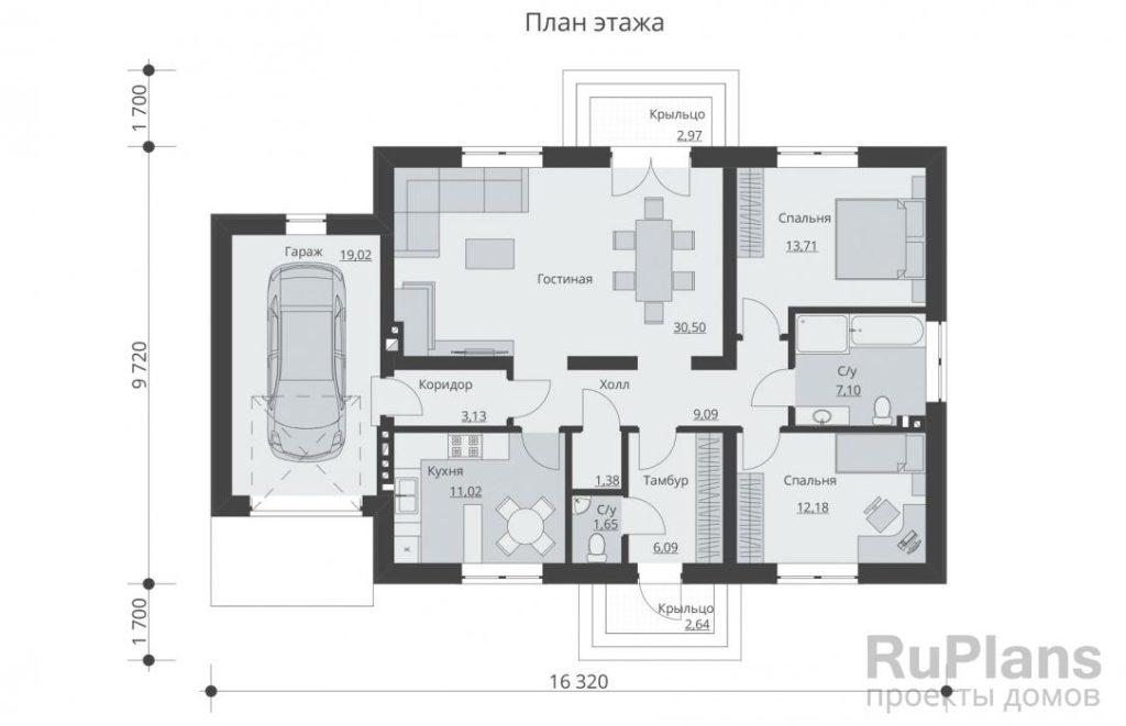 Планировка Одноэтажный дом с гаражом Rg5212